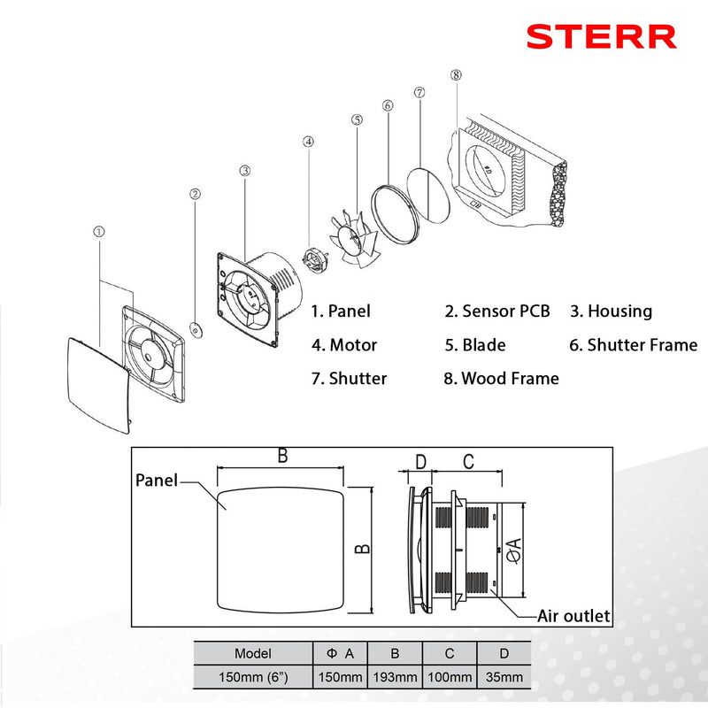 Ventilatore da bagno silenzioso 150 mm / 6" - LFS150-Q