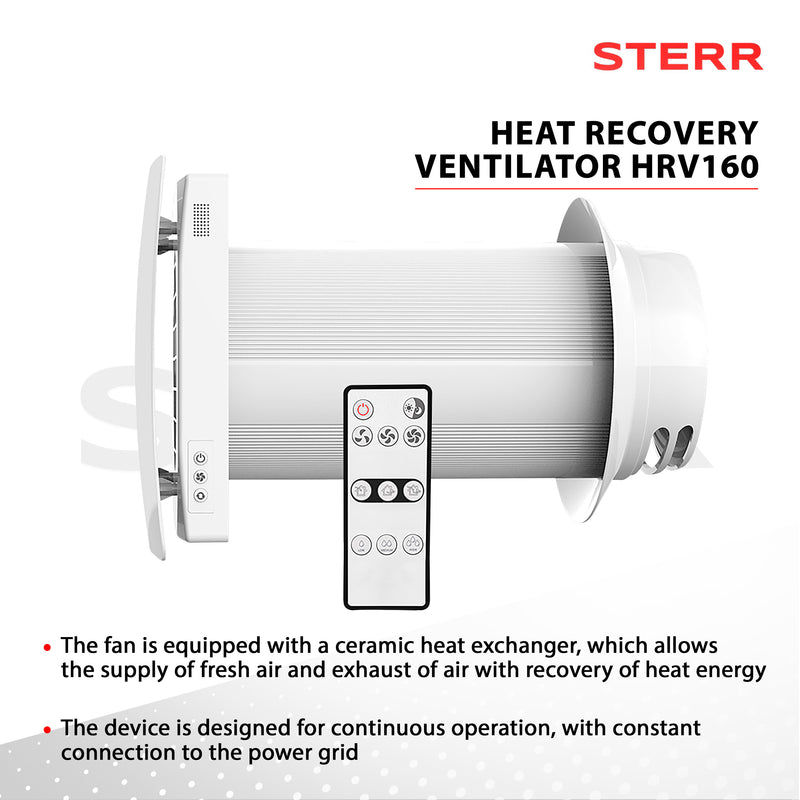 HRV160 - Ventilazione decentrata Ø 160 mm con recupero di calore - ventilazione residenziale, sistema di ventilazione con recupero di calore - distributore aria calda, ventilatore a parete - STERR
