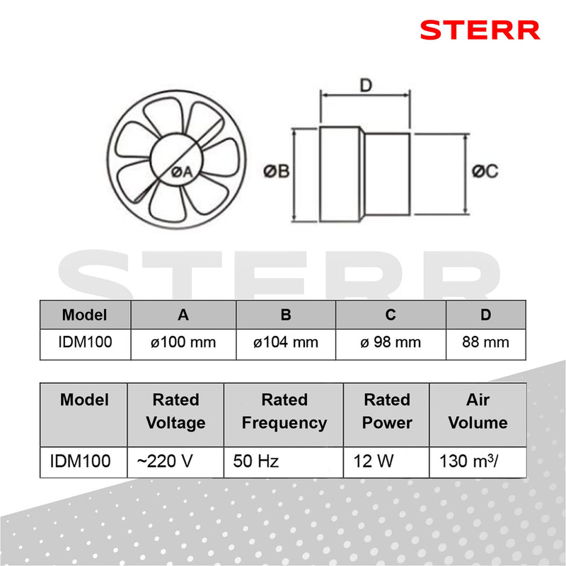 STERR IDM100 Ventilador De Tubo 100 mm - Extractor De Baño